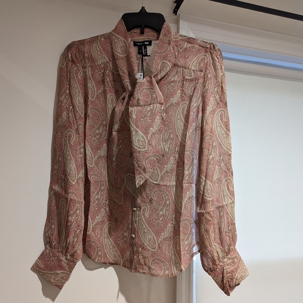 PAIGE Cleobelle Paisley Silk Blouse LIPSTICK PINK/ TAN Size X-Small - Picture 7 of 9